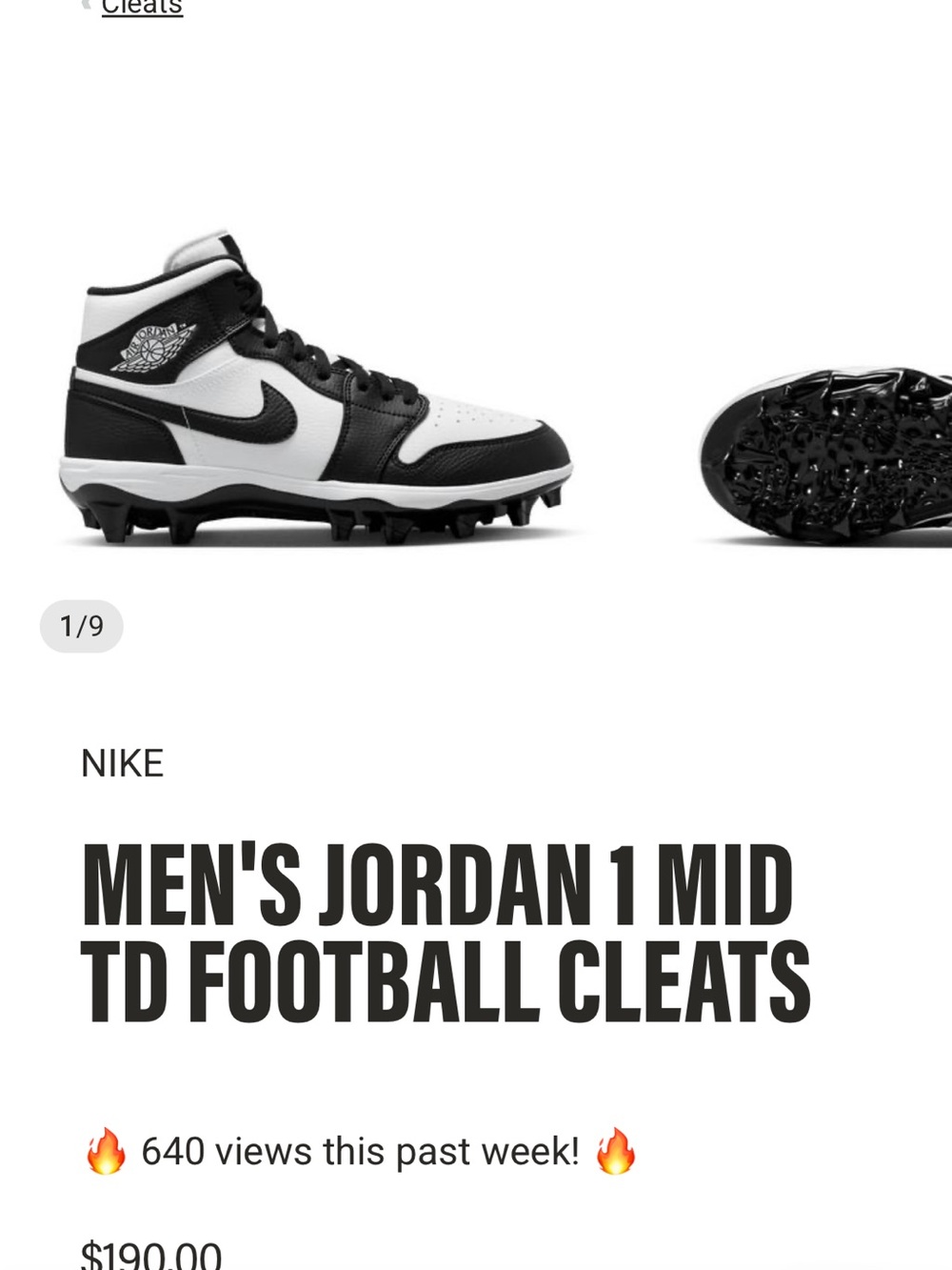 Nike Jordan 1 Mid TD Cleats - Black/White